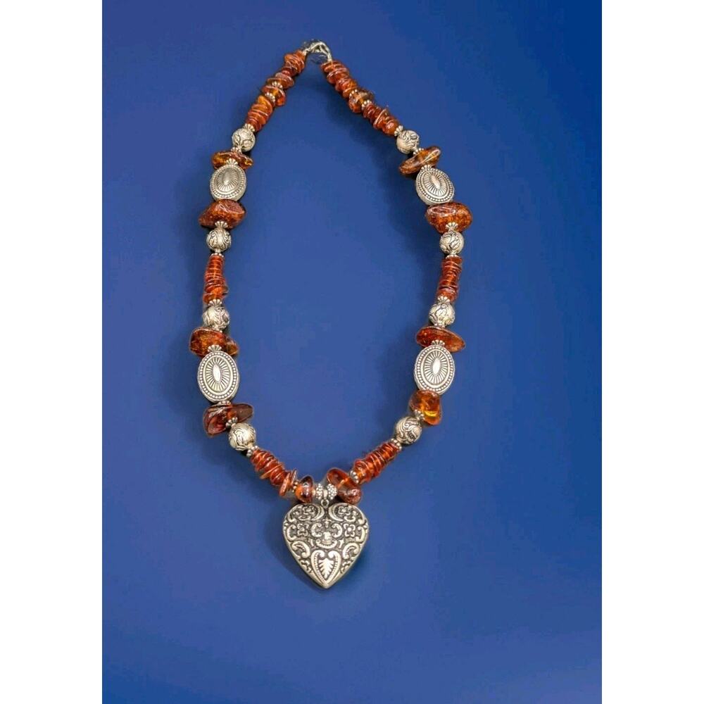 Vintage Chunky Baltic Amber Silver Tone Bubble Heart Pendant Statement Necklace